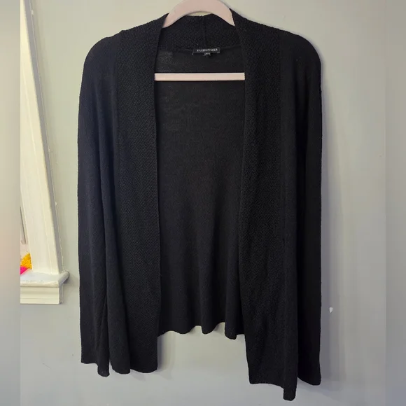 Eileen Fisher 100% Wool Black Open Front Cardigan Minimalist Classic *Flaw Large - Picture 1 of 9